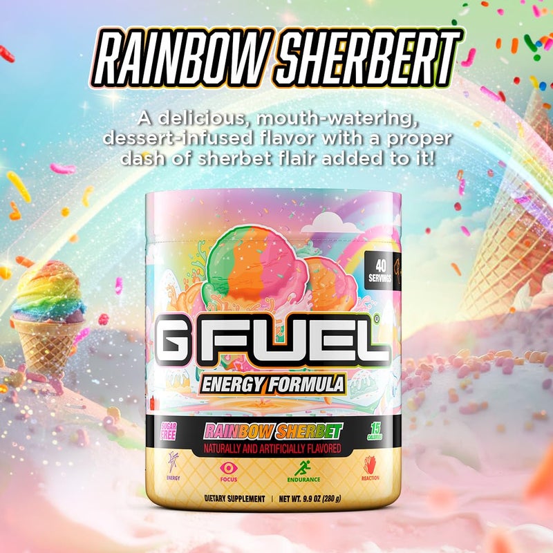 G Fuel Rainbow Sherbet Energy Drink Powder, Pre Workout Caffeine Mix for Gaming, Sugar Free Focus Amino, Vitamin + Antioxidants, 9.9oz (Rainbow Sherbet, 40 Servings) - Image 4