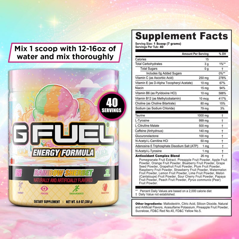 G Fuel Rainbow Sherbet Energy Drink Powder, Pre Workout Caffeine Mix for Gaming, Sugar Free Focus Amino, Vitamin + Antioxidants, 9.9oz (Rainbow Sherbet, 40 Servings) - Image 3