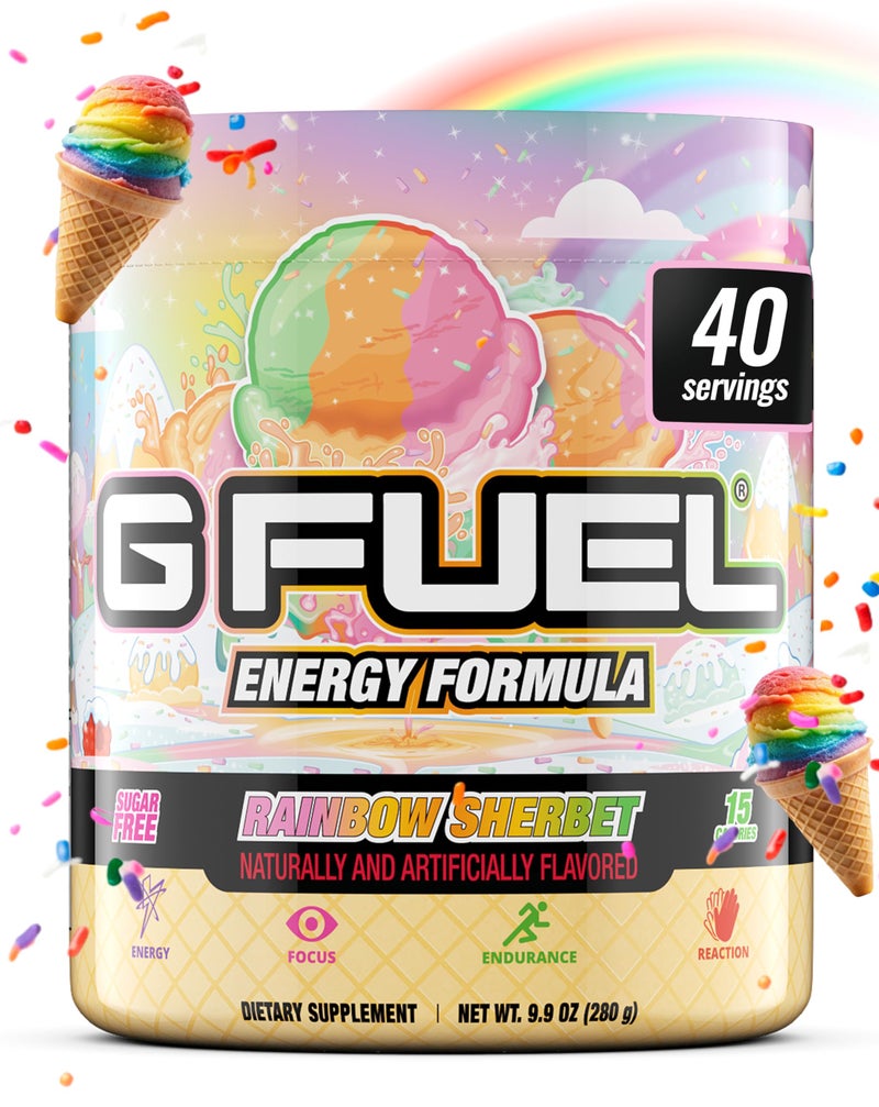 G Fuel Rainbow Sherbet Energy Drink Powder, Pre Workout Caffeine Mix for Gaming, Sugar Free Focus Amino, Vitamin + Antioxidants, 9.9oz (Rainbow Sherbet, 40 Servings) - Image 1