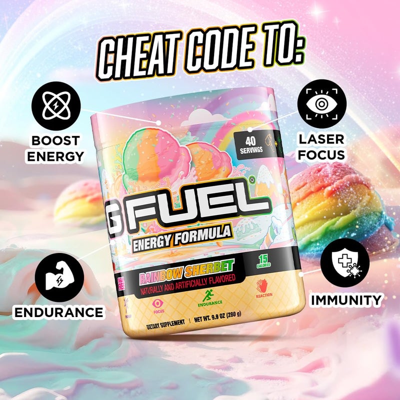 G Fuel Rainbow Sherbet Energy Drink Powder, Pre Workout Caffeine Mix for Gaming, Sugar Free Focus Amino, Vitamin + Antioxidants, 9.9oz (Rainbow Sherbet, 40 Servings) - Image 5