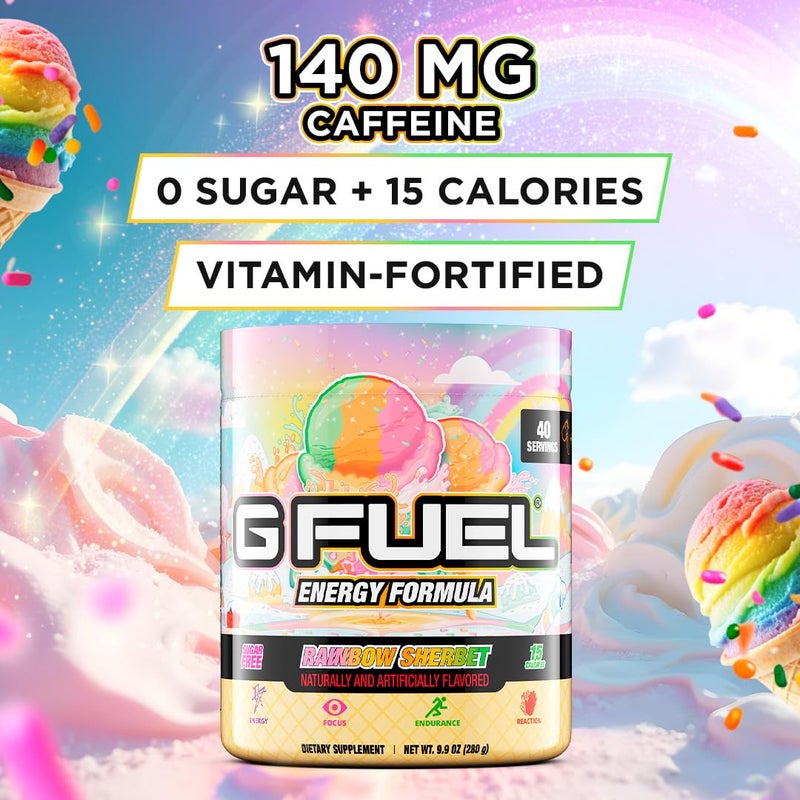 G Fuel Rainbow Sherbet Energy Drink Powder, Pre Workout Caffeine Mix for Gaming, Sugar Free Focus Amino, Vitamin + Antioxidants, 9.9oz (Rainbow Sherbet, 40 Servings) - Image 2