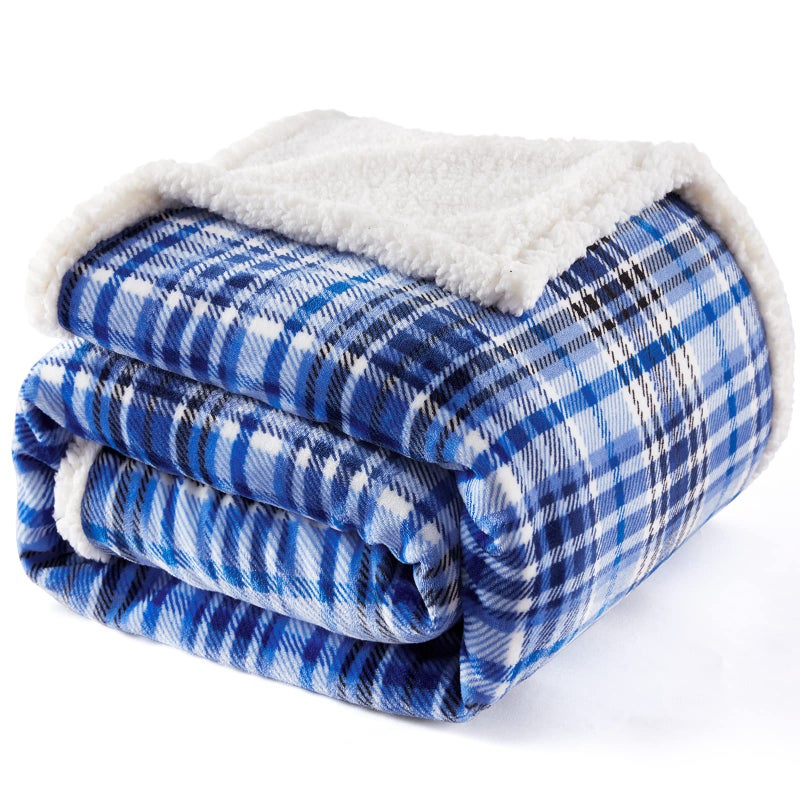 Touchat Sherpa Plaid Throw Blanket60 X 70 Plaid Blue Fuzzy Fluffy Cozy Soft Blanket Fleece Flannel Plush Twin Size Microfiber Blanket for Couch Bed Sofa