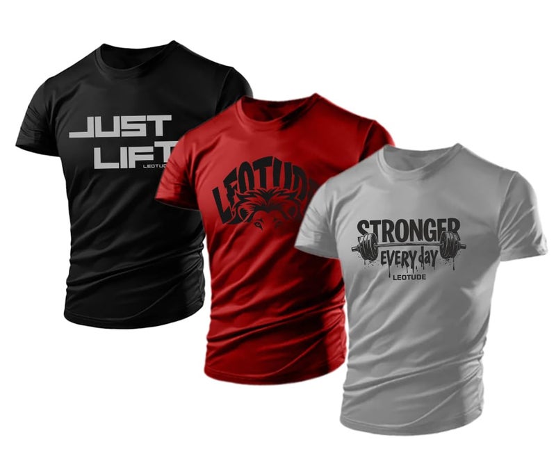 LEOTUDE Mens Polycotton Boxy Regular Fit Printed Half Sleeve Round Neck Combo Dailywear & Gym Tshirts for Man (PO3_39_BLK_Lift_Everyday_RED_Lion_P_Multicolour_L) - Image 1