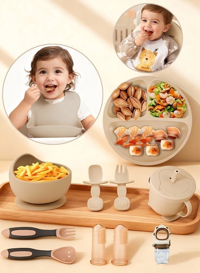 Infant-guided weaning feeding supplies Baby feeding set | Sucking silicone baby bowl-self-eating utensils set | bib | clothing bib | finger toothbrush | baby spoon set | plate set | 13-piece set - Image 1