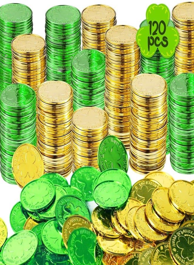 LUKBERA 120Pcs Saint Patricks Day Shamrock Coins, Green Gold Plastic Lucky Coins Clover Leprechaun Coins Table Sprinkles for St. Patrick's Day - Image 1