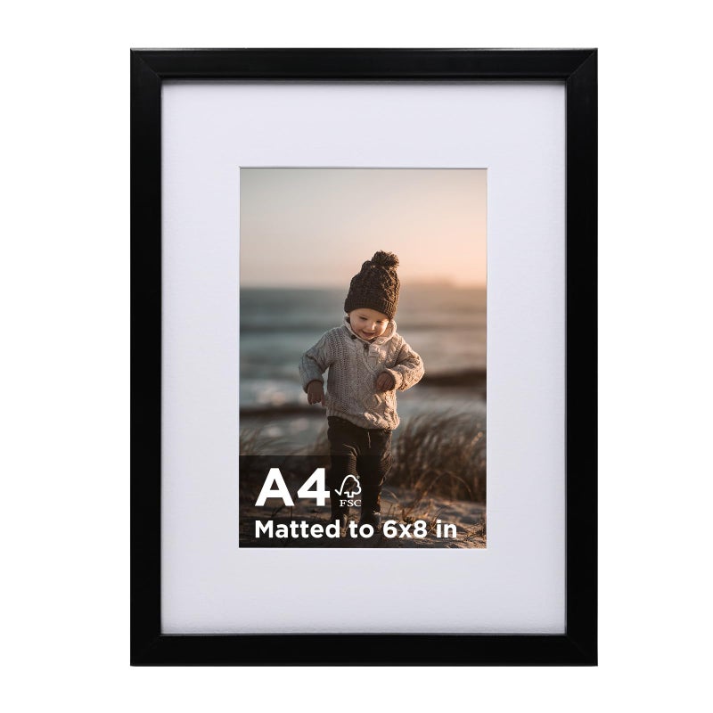 KINLINK A4 Picture Frame Black Set of 1 Wooden Photo Frame Matted A5 with Plexiglass for A5 with Mat or A4 without Mat for Table and Wall Display