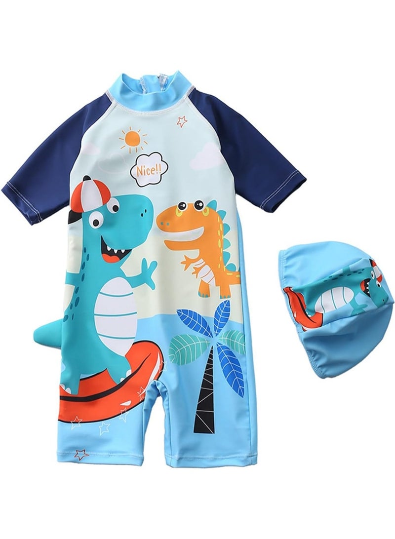 Boys Swimming Costume Set, Toddler Boys Swimsuit Cute Dinosaur Print Short Sleeve Zipper Rash Guard with Hat Infant Bathing Suit Sun Protection - Image 1