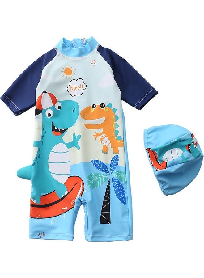 Boys Swimming Costume Set, Toddler Boys Swimsuit Cute Dinosaur Print Short Sleeve Zipper Rash Guard with Hat Infant Bathing Suit Sun Protection - Image 4