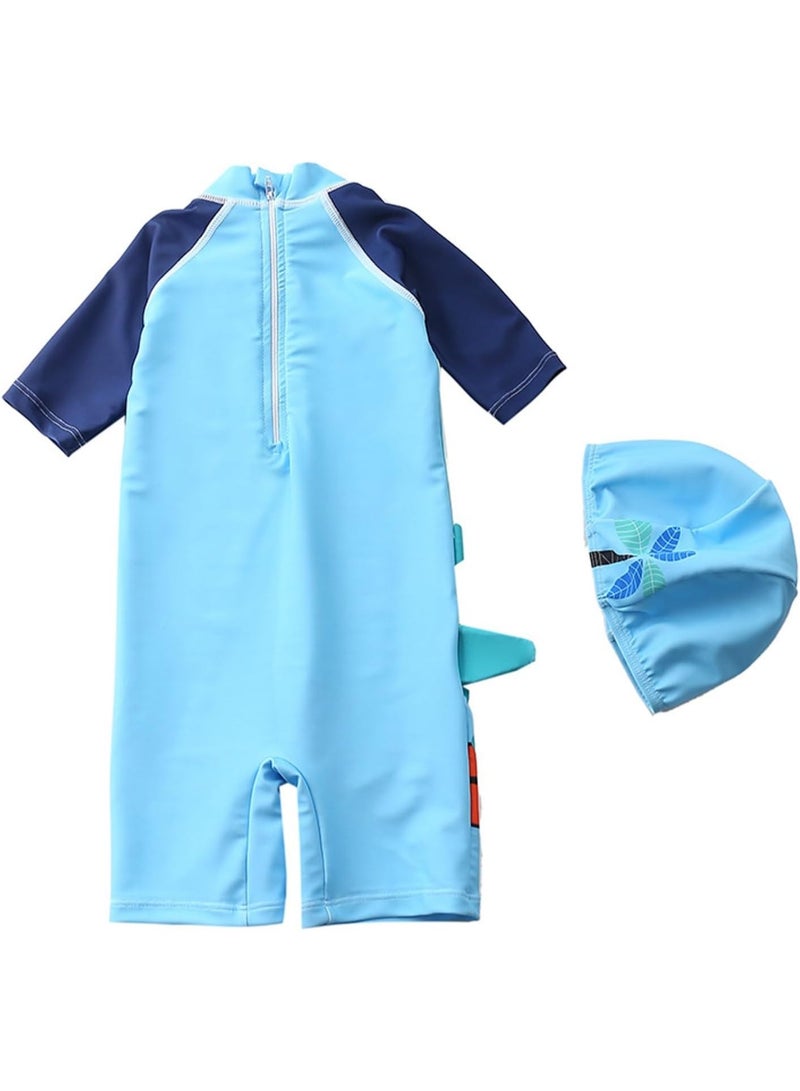 Boys Swimming Costume Set, Toddler Boys Swimsuit Cute Dinosaur Print Short Sleeve Zipper Rash Guard with Hat Infant Bathing Suit Sun Protection - Image 2