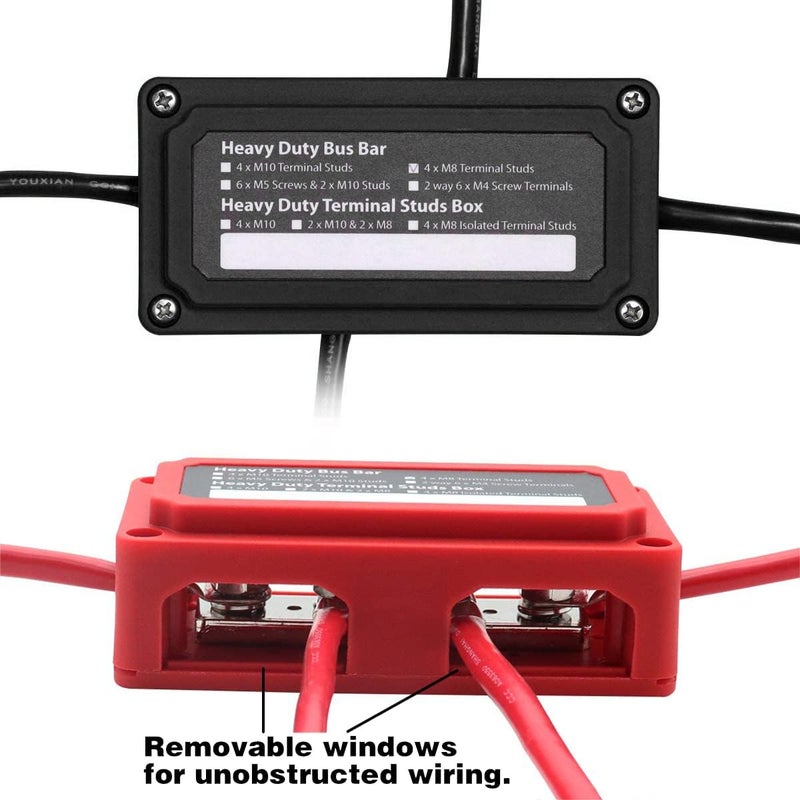 jamgoer 300A Bus Bar Heavy Duty Module Design Power Distribution Block 12V 24V 48V DC Busbar Box with 4X M8(5/16") Terminal Studs for Battery Marine Automotive RV Car Truck (Black & Red) - Image 5