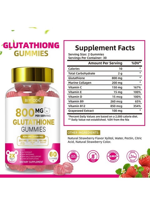glutathione gummy price BIYODE BIYODE Glutathione Gummies: Glutathione 800mg Support Skin Glow Anti  Aging Antioxidant Sugar Free Non-GMO Natural Strawberry Flavor 60 Gummies |  Best Price KSA