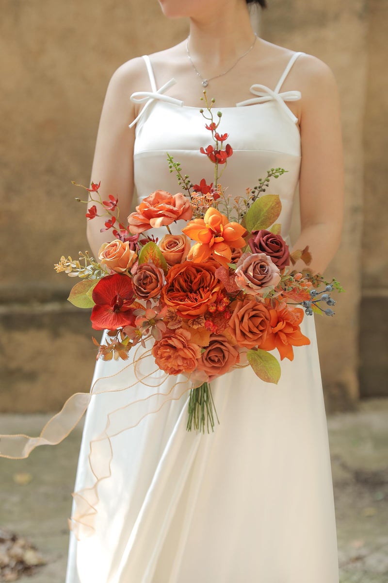 Koroni Flowers زهور كوروني محترقة برتقالية الزهور الاصطناعية الحمراء مربع مجموعة زهور مزيفة زهرة زهرة كبيرة مع السيقان لباقات الزفاف DIY مركزية استحمام الطفل حفلات المنزل - Image 2