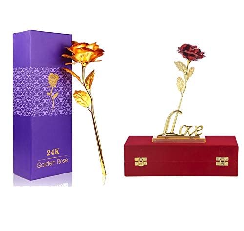INTERNATIONAL GIFT® Golden Rose and Red Rose Flower with Love Shape Stand with Golden Leaf with Luxury Red Gift Box - Image 2