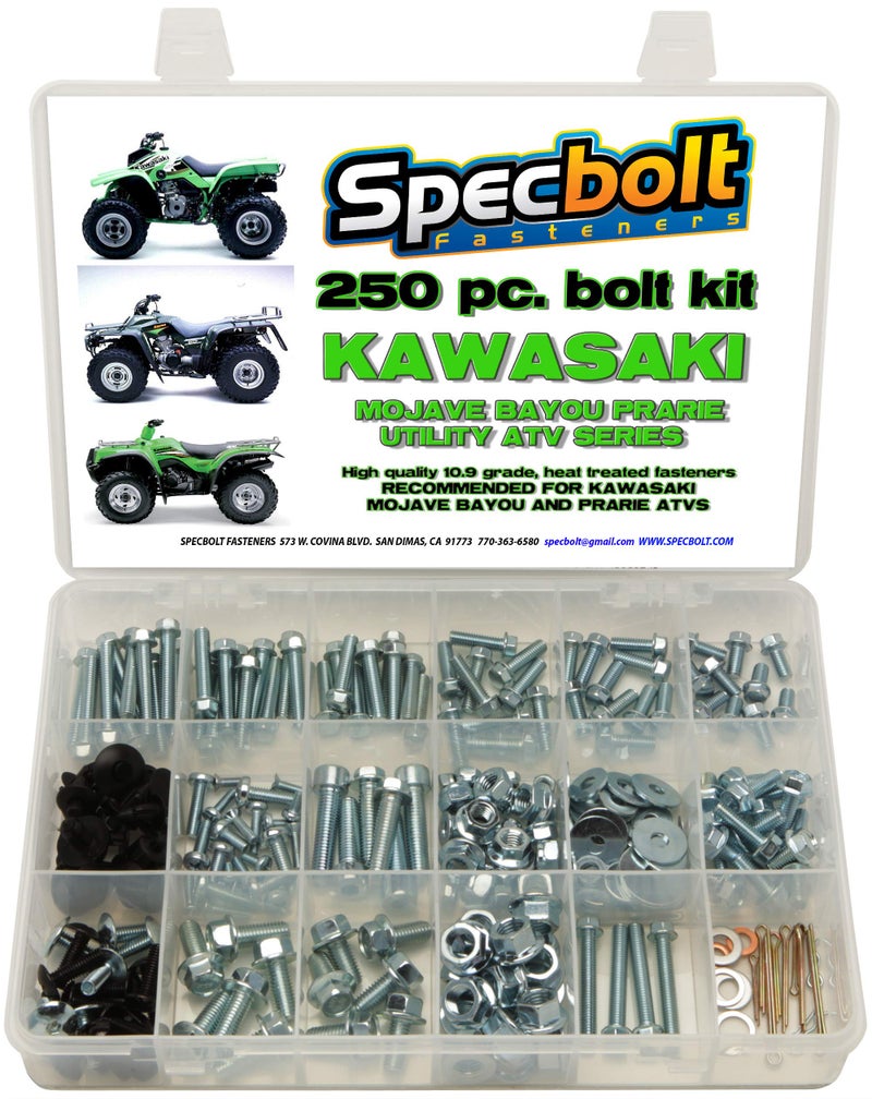 Specbolt Fasteners 250pc Specbolt Utility ATV Bolt Kit FITS: Kawasaki KLT KSF KLF KEF KVF KSV & KLF Models Quad Brute Force Bayou Lakota Sport Mojave Prarie Advantage Classic & V Force 220 250 300 360 400 620 650 700 - Image 1