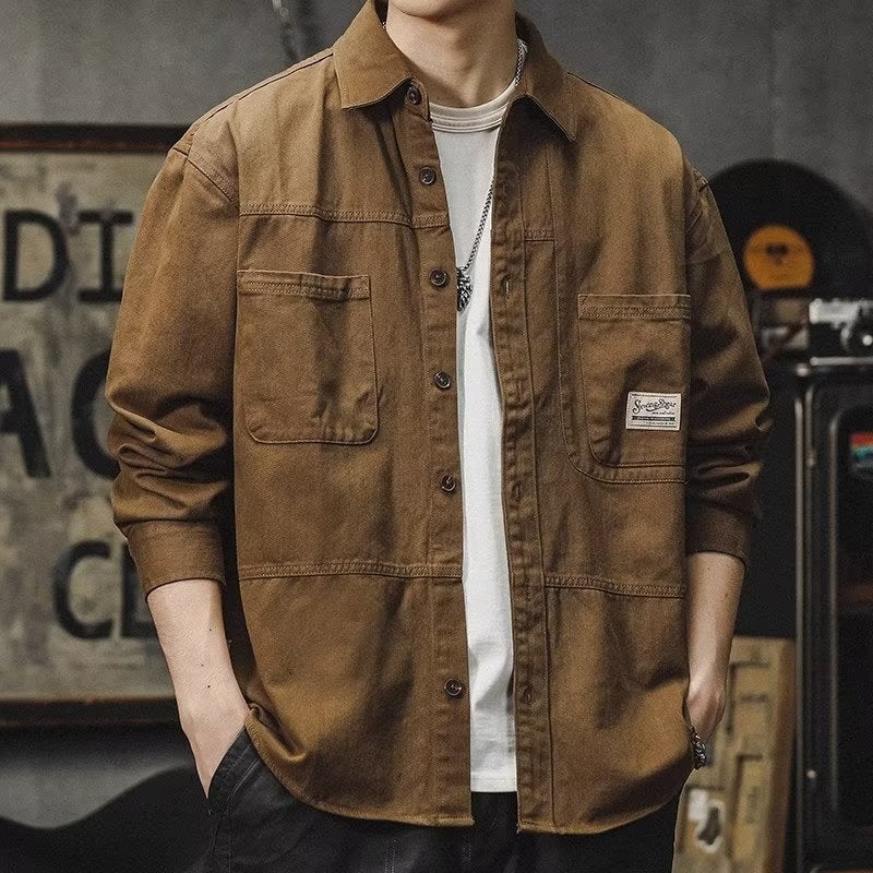Mens Long Sleeve Work Shirt Casual Loose Fit CK02 khaki - Image 1