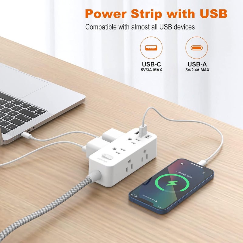 BESHON 10 FT Extension Cord, Surge Protector Power Strip with 6 Widely AC Outlets 3 USB Ports(1 USB C), 3-Side Outlet Extender, Flat Plug, Wall Mount for Home, Office, Travel and Dorm Essential - Image 2