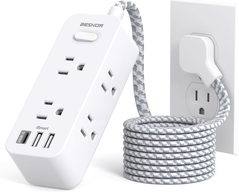 BESHON 10 FT Extension Cord, Surge Protector Power Strip with 6 Widely AC Outlets 3 USB Ports(1 USB C), 3-Side Outlet Extender, Flat Plug, Wall Mount for Home, Office, Travel and Dorm Essential - Image 1