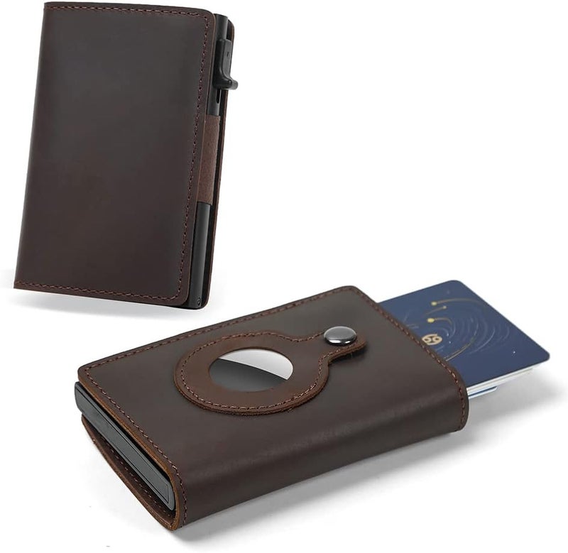 Fermido Slim Wallet for Air Tag| Genuine Leather RFID Credit Card Money Holder Automatic Pop up Mini Aluminum Wallet | Pocket-Sized and Slim Design Multipurpose Accessory for AirTag Case Cover for Men… - Image 1