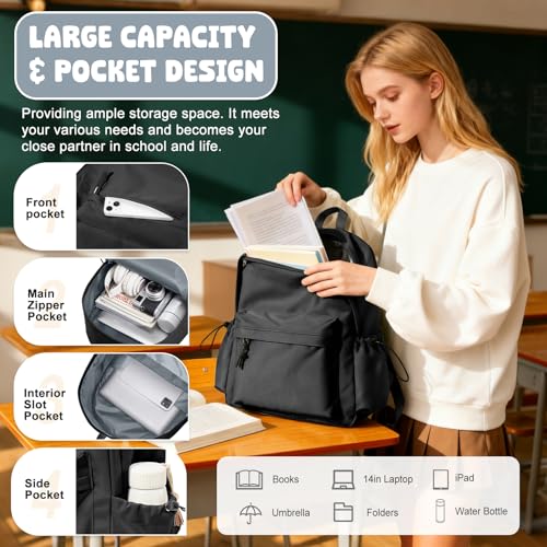 VECAVE School Backpack Black Waterproof Bookbag Casual Lightweight Travel Rucksack Daypack Backpacks for Men Women College High School Bags backpack for Boys Girls Teens - Image 3