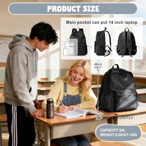 VECAVE School Backpack Black Waterproof Bookbag Casual Lightweight Travel Rucksack Daypack Backpacks for Men Women College High School Bags backpack for Boys Girls Teens - Image 2