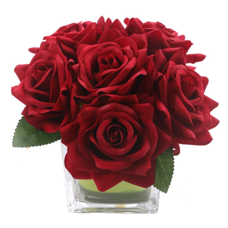 Fule Artificial Velvet Rose Flower Centerpiece Arrangement in vase for Home Wedding Decoration Burgundy