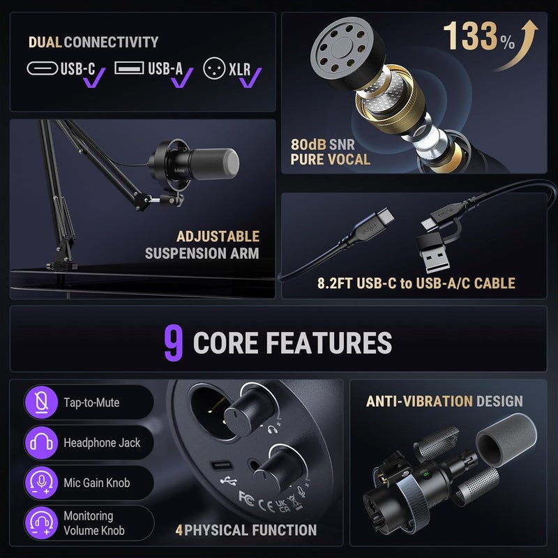 FIFINE مجموعة ميكروفون بودكاست FIFINE K688 مع ذراع بوم USBXLR ميكروفون ديناميكي مع ذراع بوم للكمبيوتر الشخصي XLR ميكروفون للألعاب مع زر كتم الصوت مقبس سماعة للرأس للتسجيل الصوتي والتعليق الصوتي وبث الموسيقى K688CT - Image 3