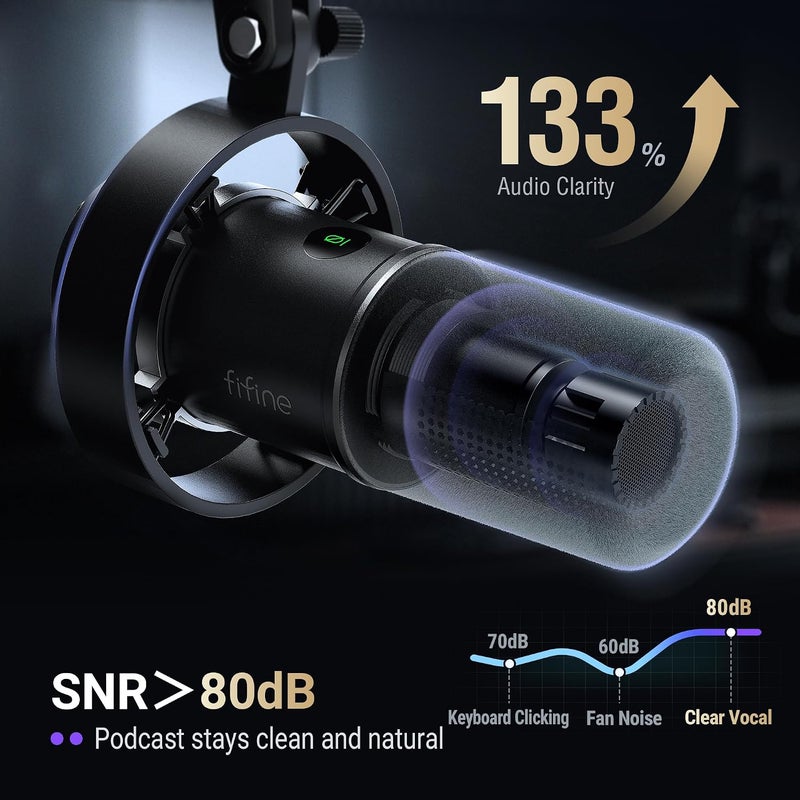 FIFINE مجموعة ميكروفون بودكاست FIFINE K688 مع ذراع بوم USBXLR ميكروفون ديناميكي مع ذراع بوم للكمبيوتر الشخصي XLR ميكروفون للألعاب مع زر كتم الصوت مقبس سماعة للرأس للتسجيل الصوتي والتعليق الصوتي وبث الموسيقى K688CT - Image 4