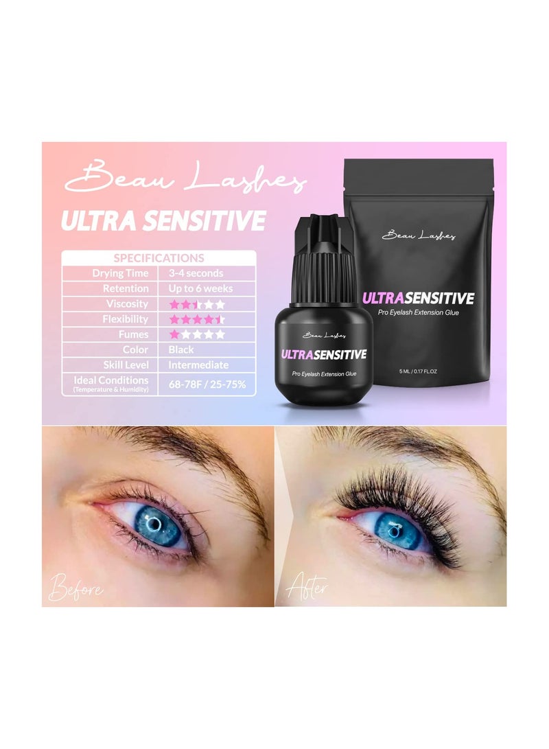 beau lashes غراء تمديد الرموش الاحترافي فائق الحساسية 5 مل - لزوجة قوية سوداء في الرطوبة المنخفضة لتمديد الرموش الفردية شبه الدائمة - Image 3