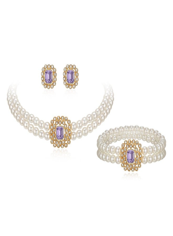 Flyonce 3 Pcs 1920s Pearl Choker Necklace Earrings Bracelet Sets, Vintage Imitation Faux Pearls Strands Necklaces Great Gatsby Flapper Party Cosplay Roaring 20s Halloween Costume Jewelry Set Purple - Image 1