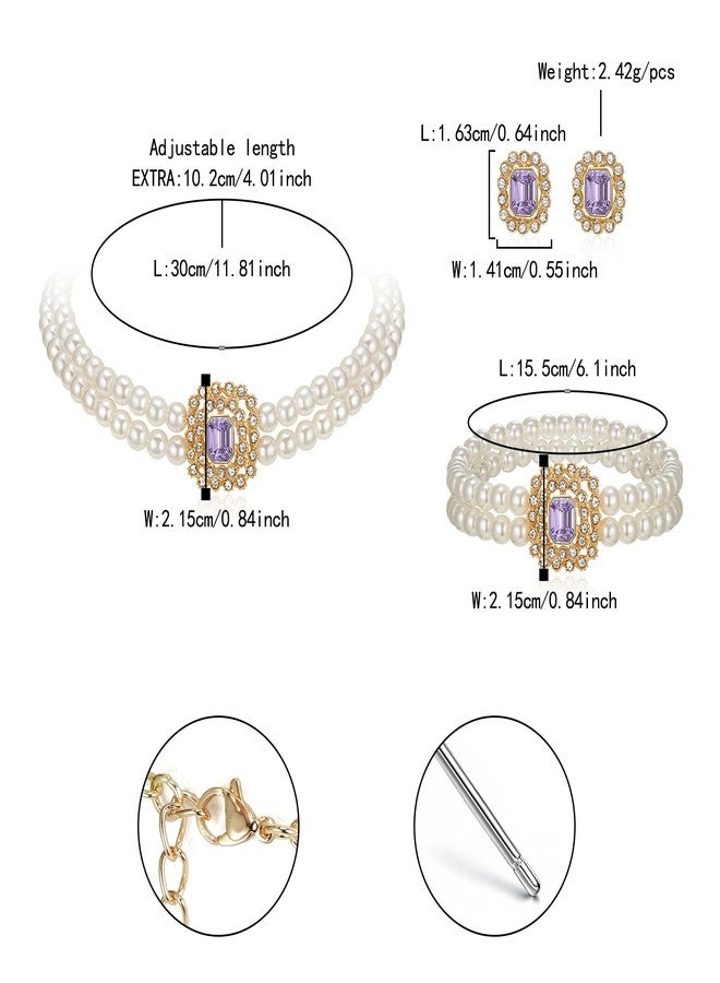 Flyonce 3 Pcs 1920s Pearl Choker Necklace Earrings Bracelet Sets, Vintage Imitation Faux Pearls Strands Necklaces Great Gatsby Flapper Party Cosplay Roaring 20s Halloween Costume Jewelry Set Purple - Image 5