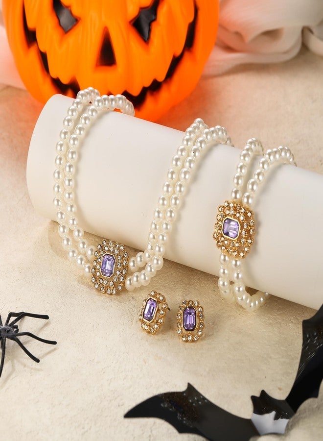 Flyonce 3 Pcs 1920s Pearl Choker Necklace Earrings Bracelet Sets, Vintage Imitation Faux Pearls Strands Necklaces Great Gatsby Flapper Party Cosplay Roaring 20s Halloween Costume Jewelry Set Purple - Image 4