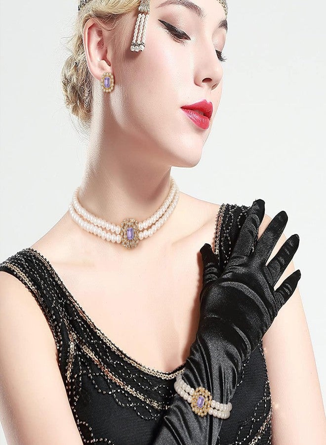 Flyonce 3 Pcs 1920s Pearl Choker Necklace Earrings Bracelet Sets, Vintage Imitation Faux Pearls Strands Necklaces Great Gatsby Flapper Party Cosplay Roaring 20s Halloween Costume Jewelry Set Purple - Image 2