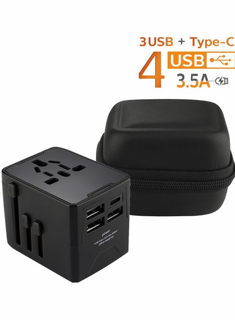 Universal Travel Adapter with Multiple Regional Power Socket Plugs for UK US  and Plug Adaptor with 3 Ultra-Fast USB Charging Port and 1 Brisk USB Type C Port (Equipped with a plug storage box)