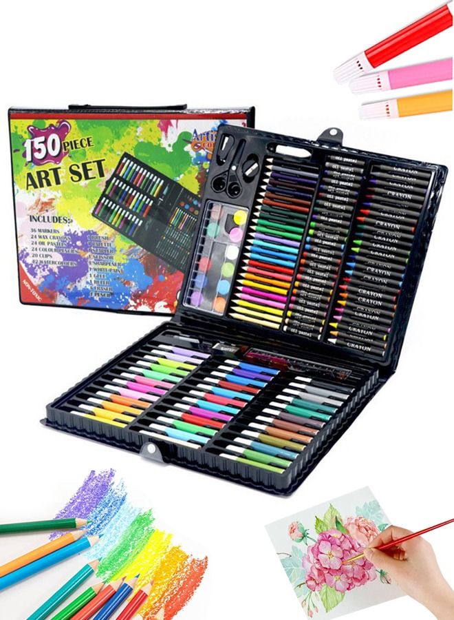 150 Colors Art Supplies Art Set Includes Oil Pastels, Crayons, Colored Pencils, Markers,Watercolor Cakes,Deluxe Portable Double Layers Gift Box for Kids Teens Adults  - Image 1