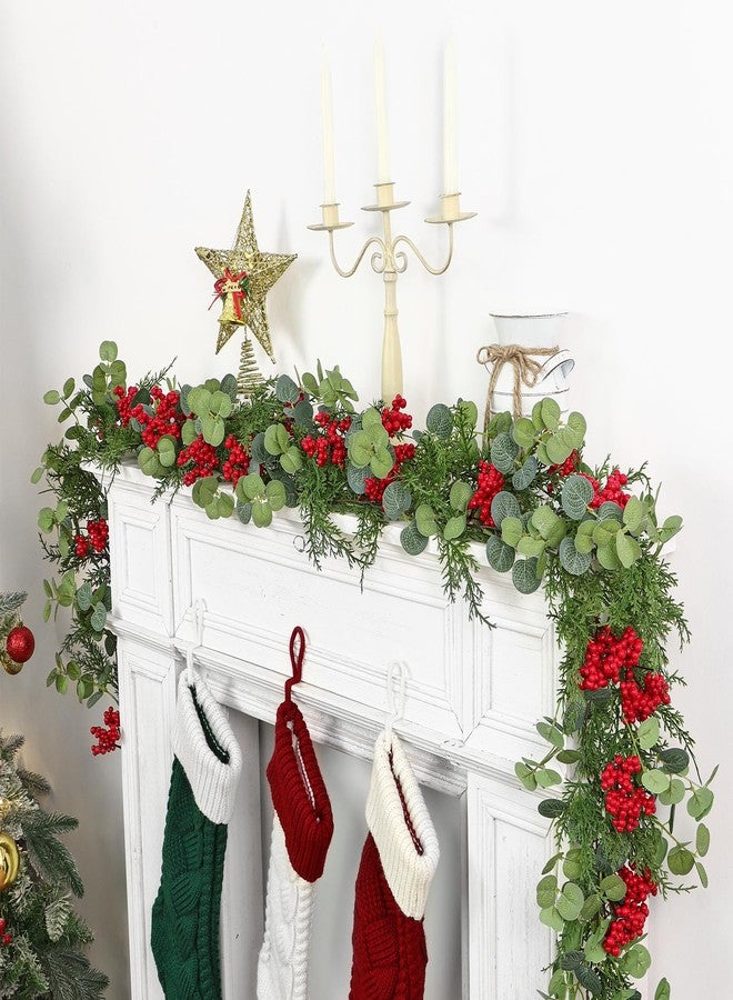 SOMYTING 6FT Christmas Garland, 2 Packs Artificial Eucalyptus Cedar Garland with Red Berry Artificial Red Berry Garland Faux Cypress Greenery Garlands for Mantle Table Winter Christmas Holiday Decor - Image 1