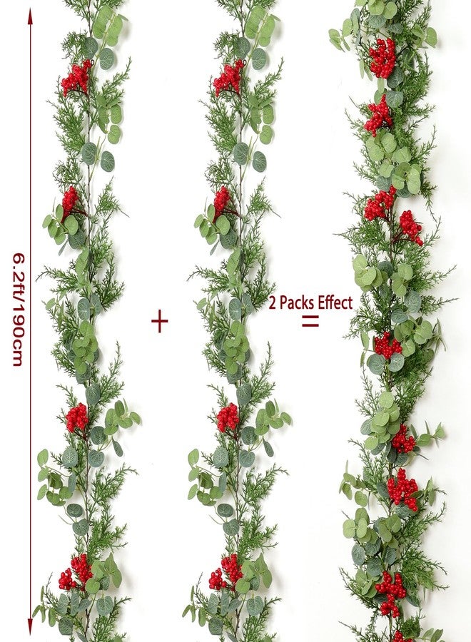 SOMYTING 6FT Christmas Garland, 2 Packs Artificial Eucalyptus Cedar Garland with Red Berry Artificial Red Berry Garland Faux Cypress Greenery Garlands for Mantle Table Winter Christmas Holiday Decor - Image 3
