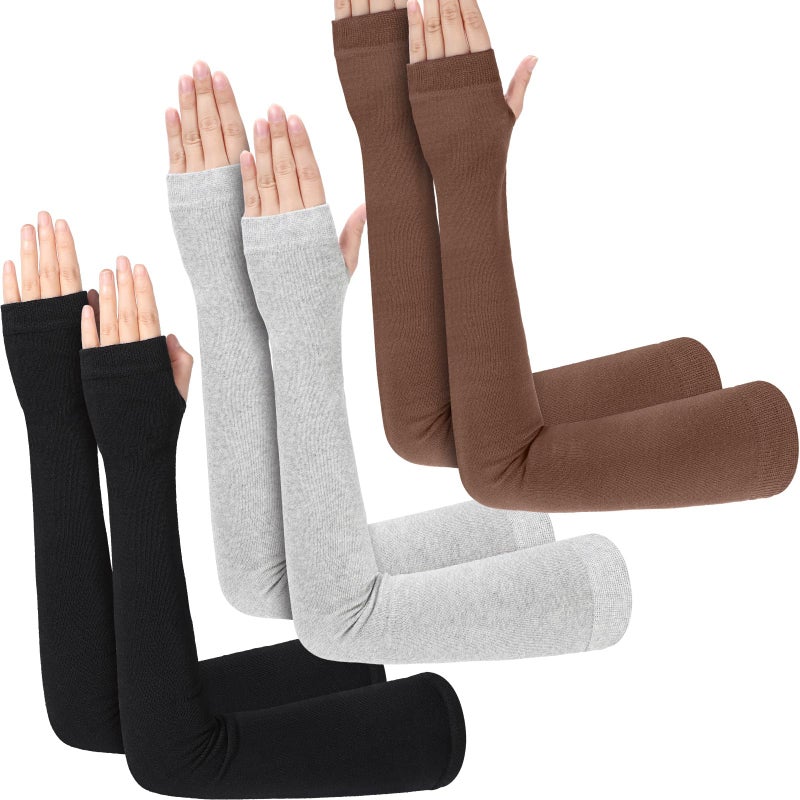 Jeere 3 Pairs Long Fingerless Gloves Arm Warmer for Women 23.6 Inch Thumb Hole Stretchy Cotton Arm Sleeves (Black, Light Gray,Brown) - Image 1