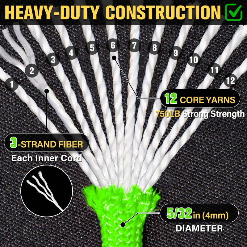 TRIBERION Paracord Rope 750 lb - 100ft 5/32" Parachute Cord 4MM 12-Strand para Cord - Heavy Duty Spool String for Survival,Camping Gear, Survival Bracelet, Clothesline - Neon Green - Image 3