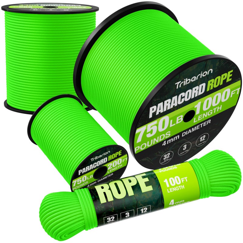 TRIBERION Paracord Rope 750 lb - 100ft 5/32" Parachute Cord 4MM 12-Strand para Cord - Heavy Duty Spool String for Survival,Camping Gear, Survival Bracelet, Clothesline - Neon Green - Image 1