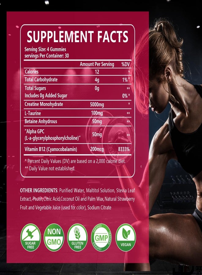 PWERD 120Count Creatine Monohydrate Gummies 5g, Energy Creatine Supplements Gummies for Gym Essentials-Strawberry - Image 2