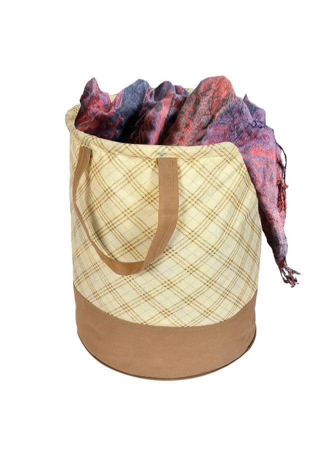 Kuber Industries Non-Woven Round Laundry Basket For clothes|Checks Print Foldable Toy Storage Organizer|Reinforced Handle With Sturdy Base 45 LTR (Cream) - Image 1