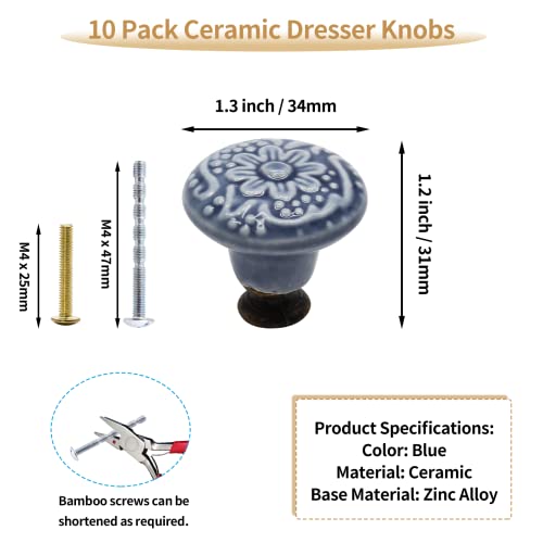 Bivethoi 10PCS Blue Cabinet Knobs - 1.3 Inch / 34mm Ceramic Decorative Drawer Pulls, Retro Vintage Cupboard Wardrobe Door Knobs - Image 2