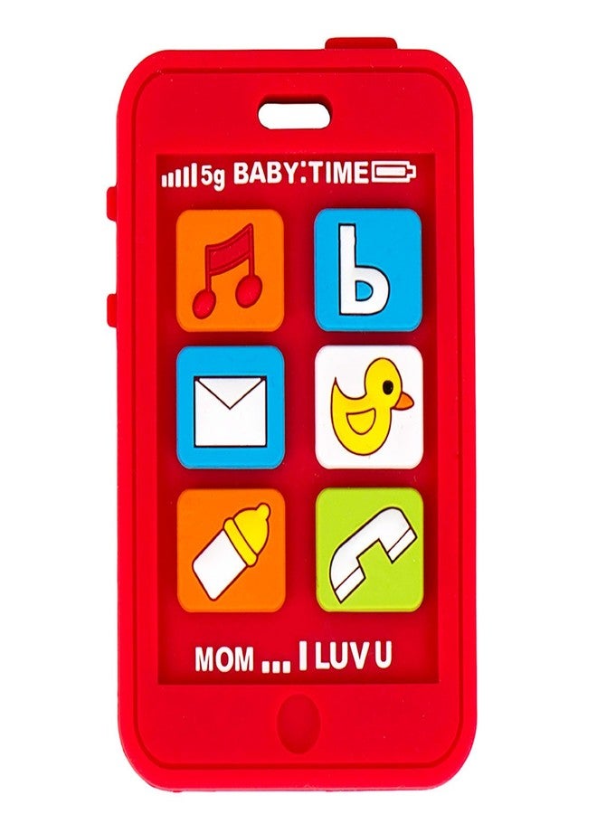 Silli Chews Cell Phone Teether for Baby Red Phone Teething Toy Red Silicone Teether Infant Pain Relief Apple iPhone Shaped Smart Phone | Silly Bite Toy - Image 1