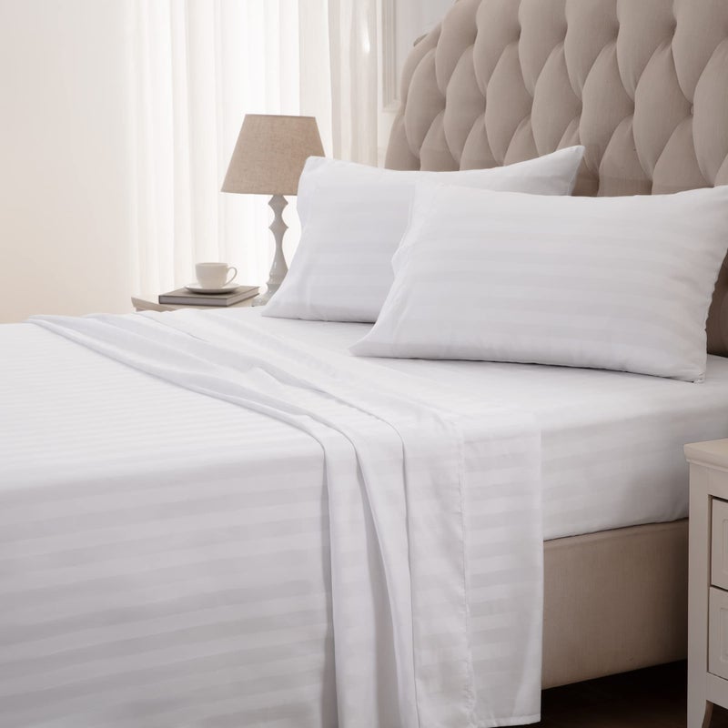 SLEEP ZONE Striped Cooling Sheets Set Full Size  Fitted Flat Sheet  Pillowcase Sets 4 Piece  Super Soft Stripe Bed Sheet Easy Care Deep Pocket White Full