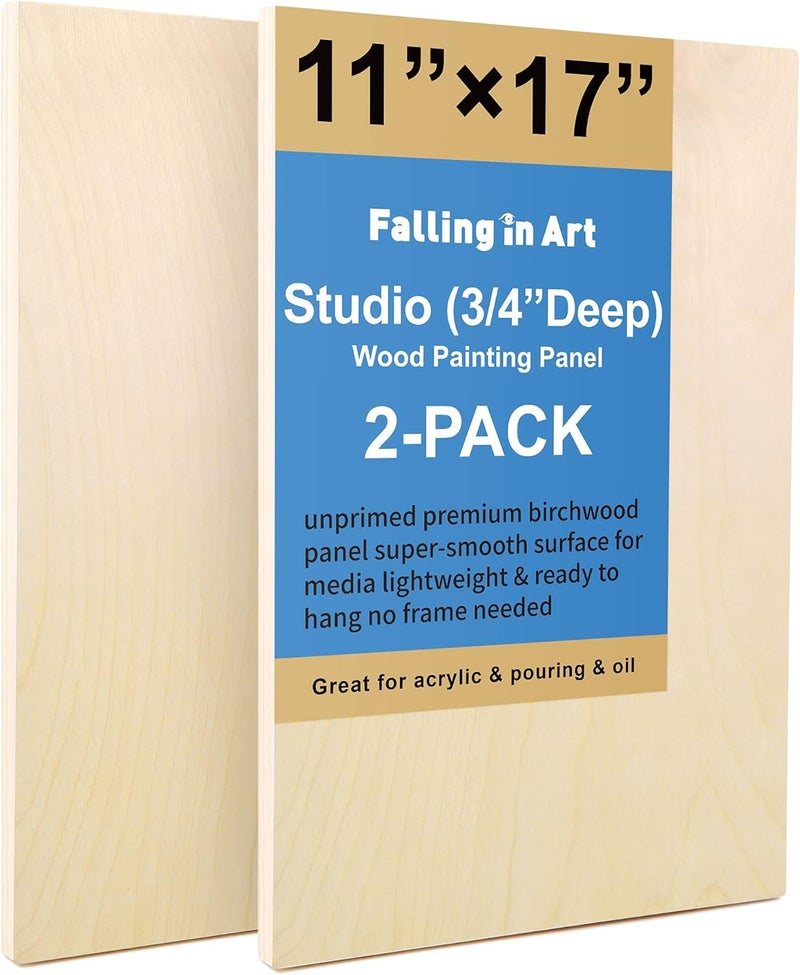 فولينج إن أرت مجموعة ألواح خشب البتولا غير المكتملة من Falling in Art، عبوة مزدوجة مقاس 11×17 بوصة، ألواح حامل بعمق 3/4 بوصة للاستوديو، مخصصة للصب الفني والحرف اليدوية والرسم وغيرها. - Image 1
