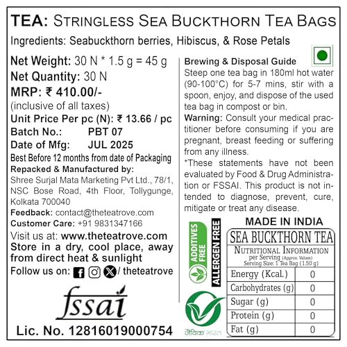 the tea trove أكياس شاي توت شائك البحر - 30 كيس | مزيج عشبي من شاي توت شائك البحر مع بتلات الورد والكركديه | شاي أوراق توت شائك البحر | 45 جرام - Image 5