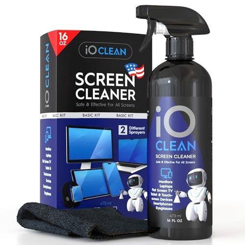 iO CLEAN Screen Cleaner Spray (16oz - 473ml) – Best Large Cleaning Kit for LCD LED OLED TV, Smartphone, iPad, Laptop, Touchscreen, Computer Monitor, Electronic Devices, Microfiber Cloth Wipes and 2 Nozzles - Image 1