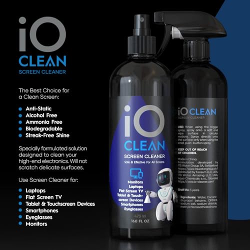 iO CLEAN Screen Cleaner Spray (16oz - 473ml) – Best Large Cleaning Kit for LCD LED OLED TV, Smartphone, iPad, Laptop, Touchscreen, Computer Monitor, Electronic Devices, Microfiber Cloth Wipes and 2 Nozzles - Image 2