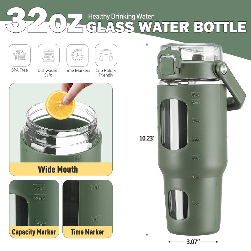 BLUEGO 32oz Glass Water Bottle with Handle and Straw|Leakproof Sports Glass Bottle with Time Marker and Silicone Sleeve|Glass Drinking Bottle for Travel, Gym, Workout, Olive - Image 3