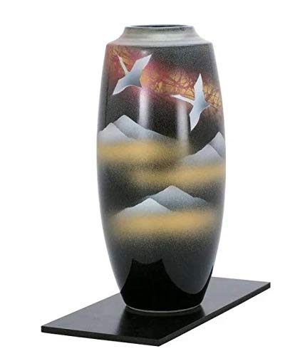 Kutani YAKIWare Vase Crane and Mountain Ranch with Flower Wood vase Stand